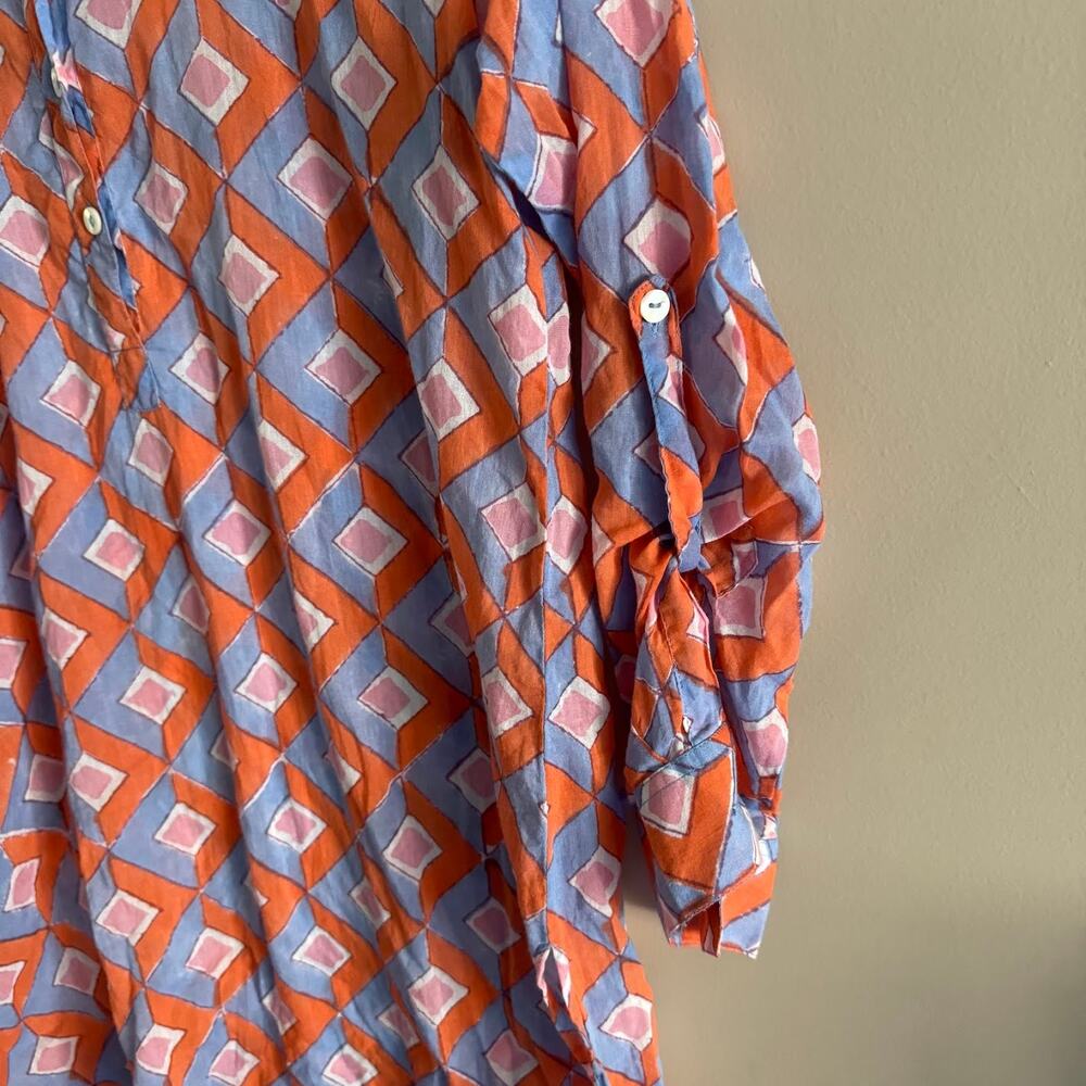 OLIPHANT Pink Orange Chevron Print Button Up Collar Tunic Shirt Cover Up XS - Picture 3 of 6